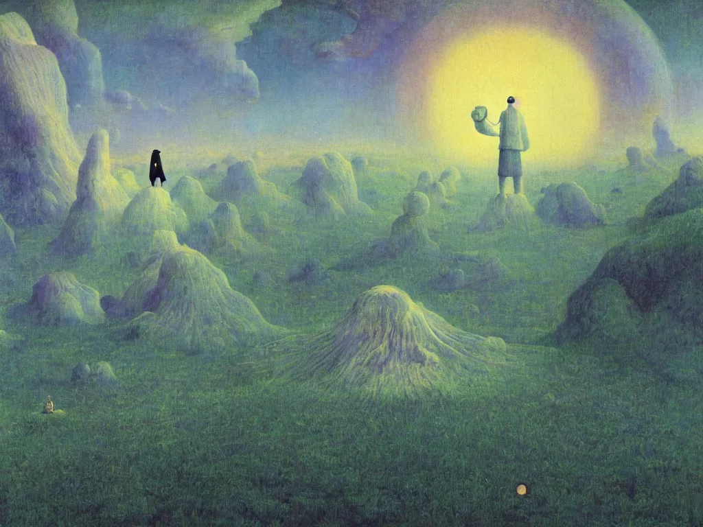 Image similar to man in white beekeeper suit looking at the psychedelics dream mothership over the sacred mountains. painting by mikalojus konstantinas ciurlionis, bosch, wayne barlowe, agnes pelton, rene magritte