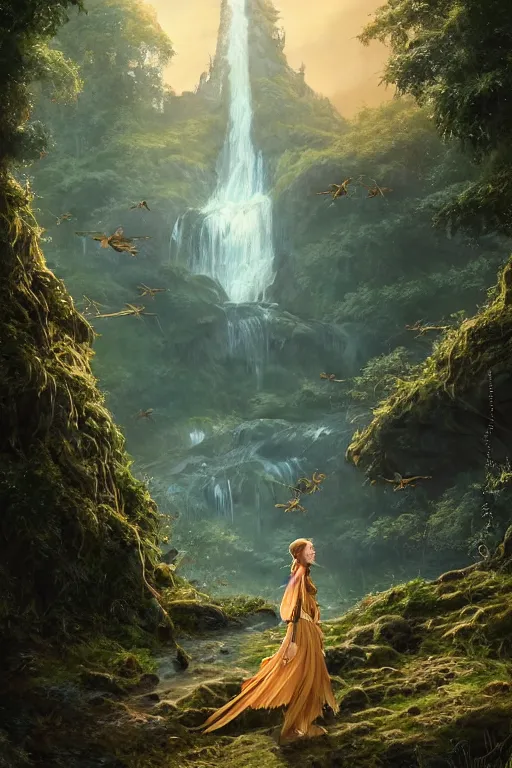 Image similar to detailed intricate digital illustration by greg rutkowski and artgerm and wlop and sanford robinson gifford ; girl standing in gothic fantasy valley and waterfall faerie fey unseelie in background ; 1 3 mm film, arri alfa anamorphic lens ; sharp focus, golden hour, fireflies ; trending on artstation 8 k close view