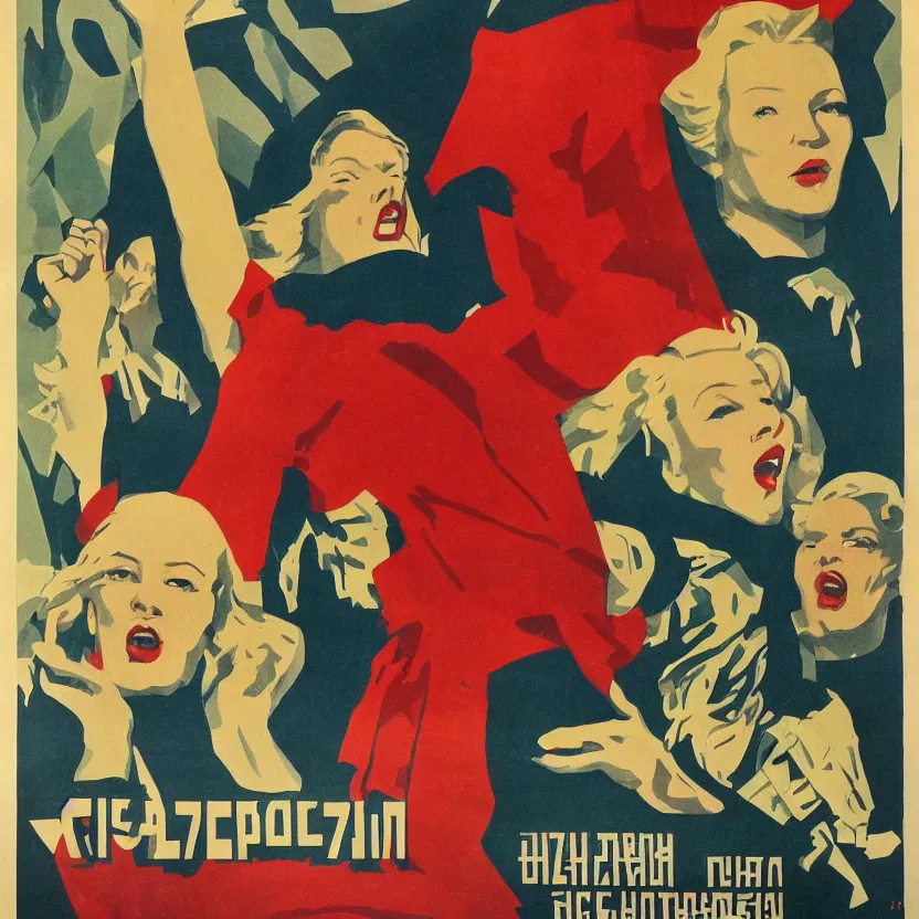 Image similar to soviet propaganda poster with cate blanchett calling on the world community to fight against Nazism, Ultra Detailed, high resolution, soviet realism