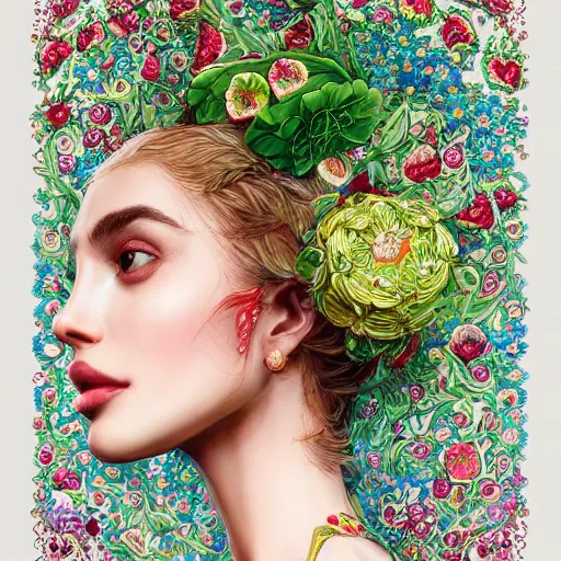 Prompt: the portrait of an absurdly beautiful, graceful, elegant, sophisticated, fashionable ethnic woman made of strawberries and green petals looking up, an ultrafine hyperdetailed illustration by kim jung gi, irakli nadar, intricate linework, bright colors, octopath traveler, final fantasy, unreal engine 5 highly rendered, global illumination, radiant light, detailed and intricate environment