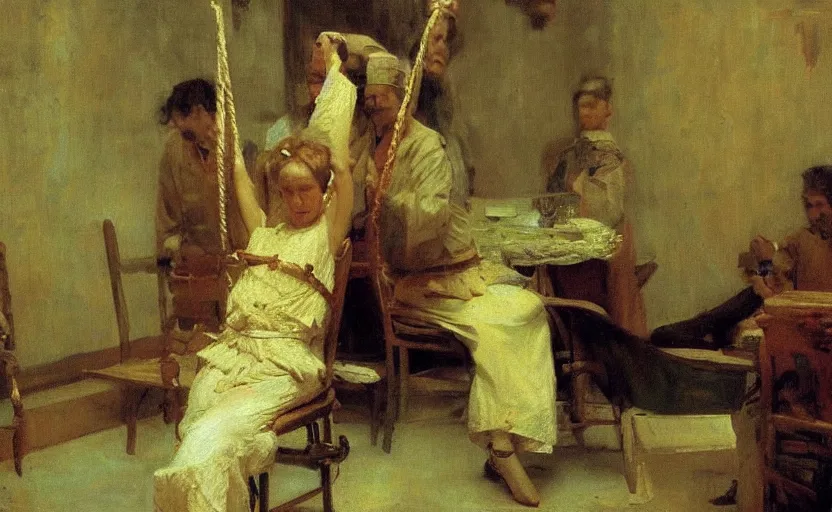 Image similar to high quality high detail painting by ilya repin, a cinematic shot of someone tied to the chair, hd