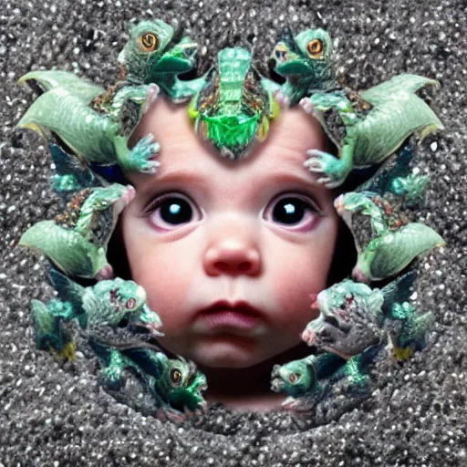 Image similar to crystal baby dragons, hyper realistic, big eyes