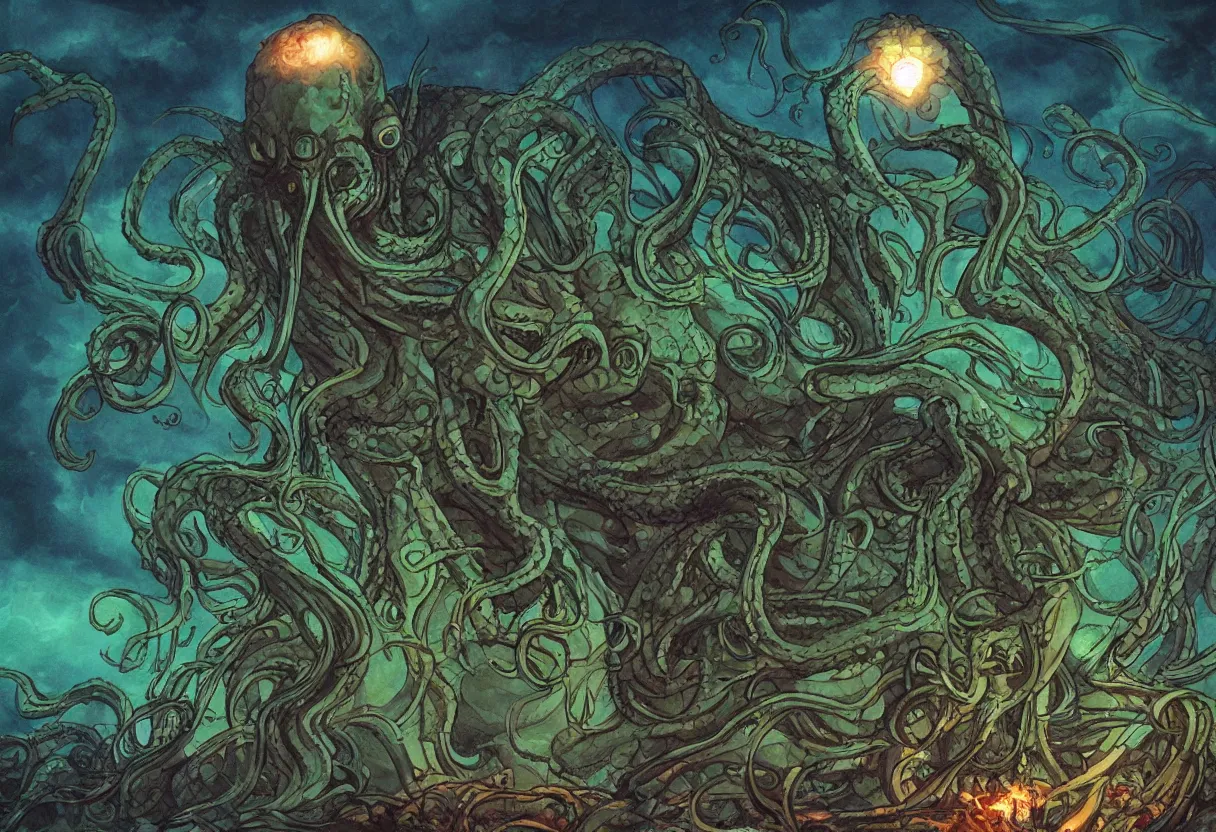 Prompt: cthulhu by Ghibli. UHD, amazing depth, cinematic lighting, epic scale, glowing rich colors, powerful imagery, concept art