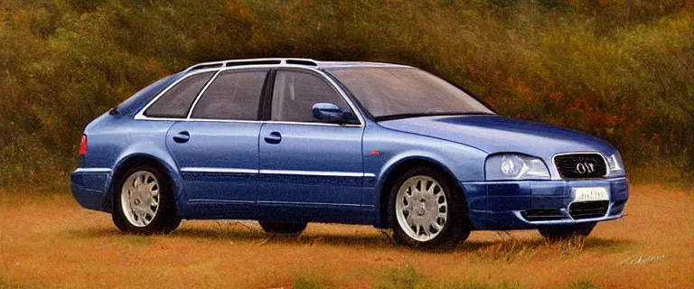 Prompt: Denim Blue Audi A4 B6 Avant (2002) landscape painting in the style of 19th century Hudson River School art