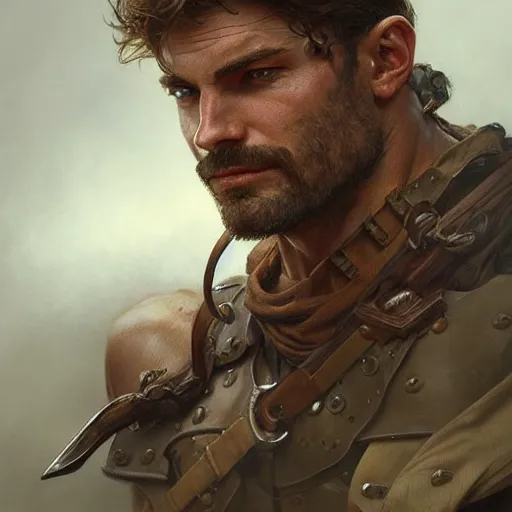 Prompt: portrait of a rugged ranger, muscular, upper body, blood, D&D, fantasy, intricate, elegant, highly detailed, digital painting, artstation, concept art, smooth, sharp focus, illustration, art by artgerm and greg rutkowski and alphonse mucha