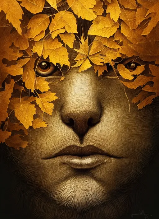 Prompt: golden leaves at frame border, creative!!! composition for a book cover, absurdly beautiful, ultrafine hyperrealistic detailed animal face by wlop and artgerm and greg rutkowski, intricate linework, sharp focus, smooth, unreal engine, dramatic lighting, ethereal, 8 k