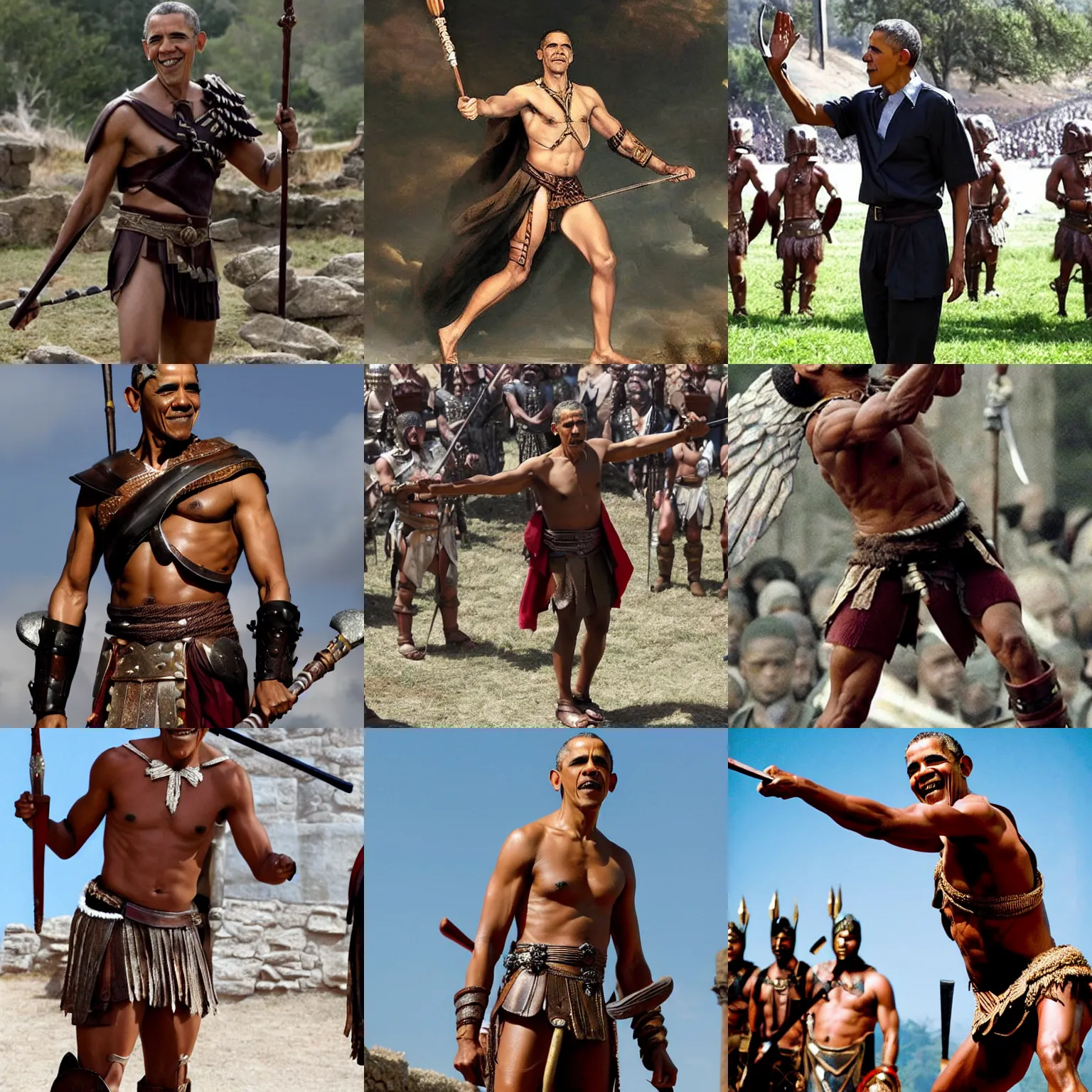Prompt: obama as a gladiator from spartacus, throwing spear