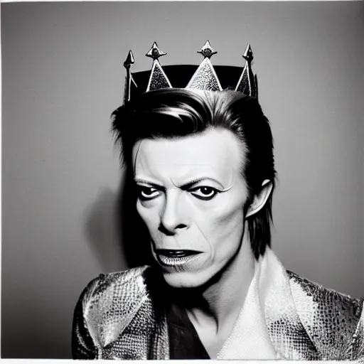 Image similar to ultra realistic portrait photography of david bowie wearing kings crown, in style of lomography, 3 5 mm no dof