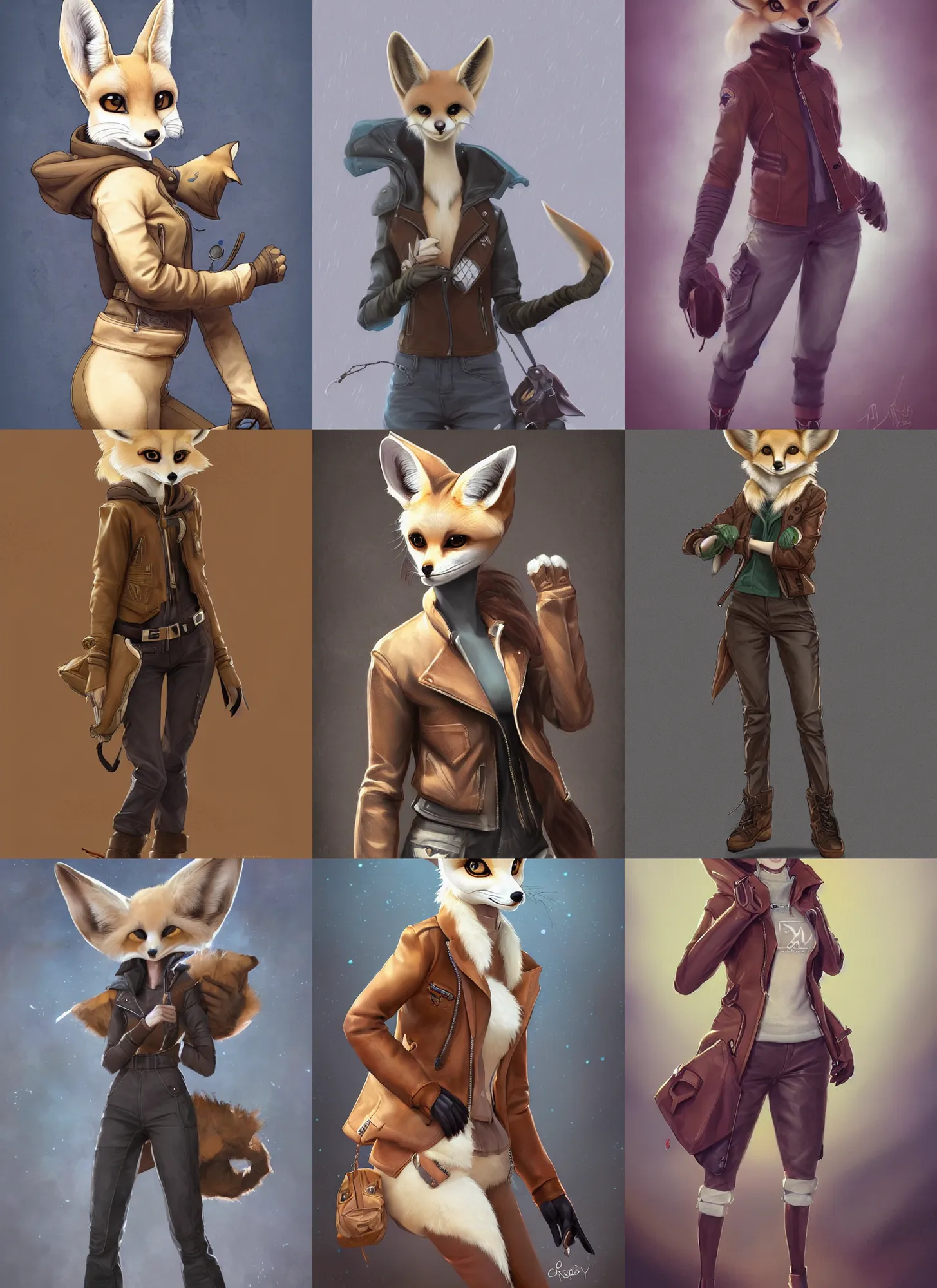 Image similar to beautiful portrait of a female anthropomorphic fennec fox fursona wearing a leather jacket. leather gloves. leather boots. cargo pants. character design by charlie bowater, ross tran, artgerm, and makoto shinkai, detailed, soft lighting, rendered in octane