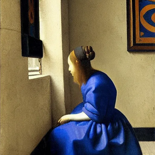 Image similar to a girl sitting in the subway, painting by Johannes Vermeer