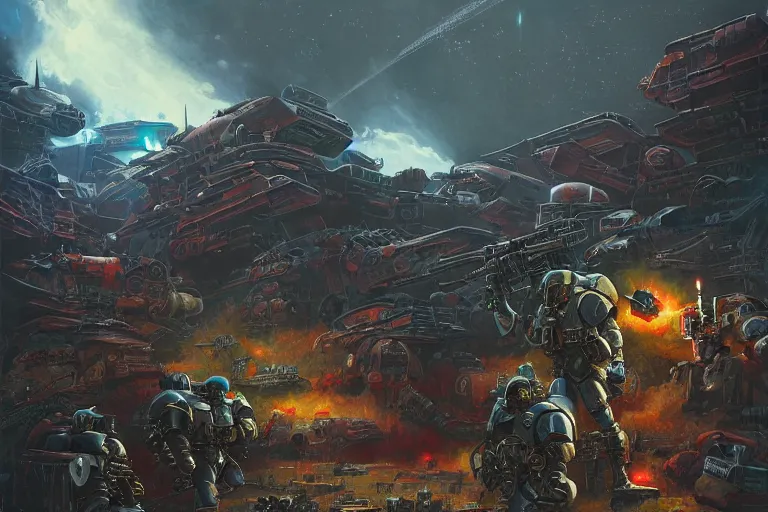 Prompt: futuristic battlefield, warhammer 4 0 k, space marines portrait, gloomy, epic, digitally painted by tim doyle, kilian eng and thomas kinkade, centered, uncropped