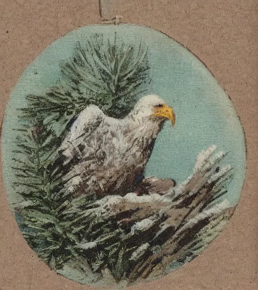 Image similar to tattered postcard of 'an eagle in the nest of a snowy pine tree'