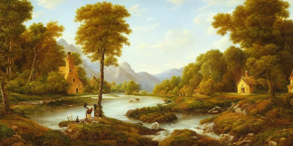 Image similar to a beautiful landscape painting of a cottage by a river in a valley, astronaut sitting by the river, by john glover, oil on canvas, highly detailed, hd, 4 k