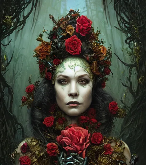 Image similar to portrait of the supreme queen of the blood cult, surrounded by skulls and overgrowth and dark flowers by karol bak, WLOP, James Jean, tom bagshaw, rococo, trending on artstation, cinematic lighting, hyper realism, octane render, 8k, hyper detailed.
