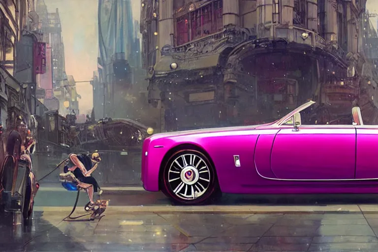 Image similar to photograph of a shiny hot pink rolls royce, with a sleek spoiler, driving down the streets of london cyberpunk city, by greg rutkowski, by stanley artgerm, by alphonse mucha