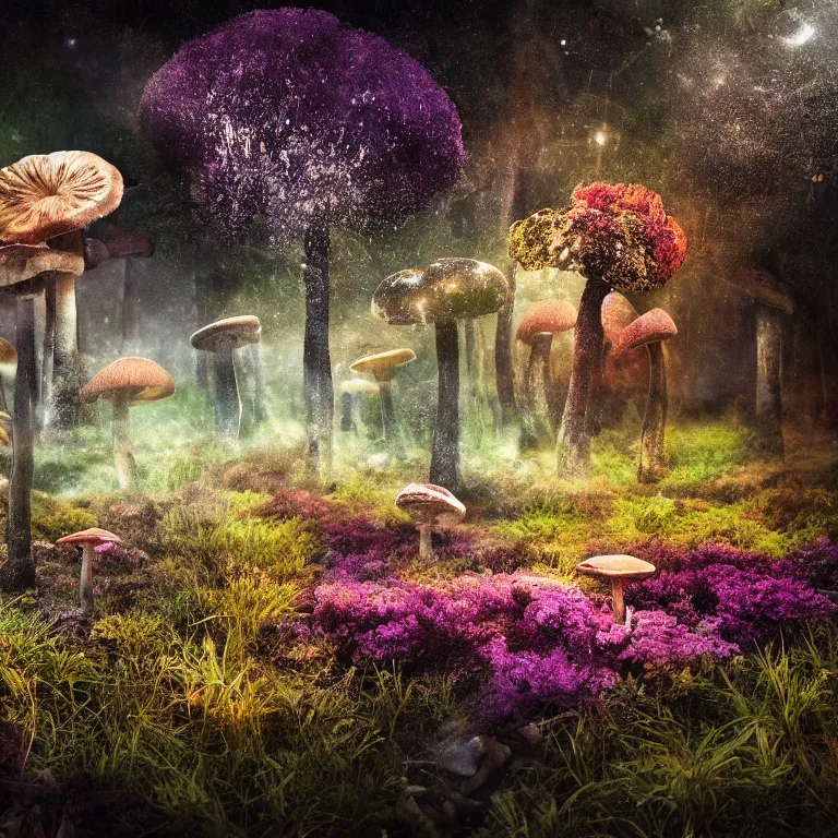 Image similar to a planet of various fungus like trees, mushrooms, flowers and plants, artistic photography, conceptual, long exposure outside the city, volumetric light