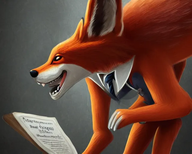 Image similar to award - winning extremely detailed fantasy art of a cute male anthropomorphic vulpes vulpes fulva teacher wearing suit working at a school, 4 k