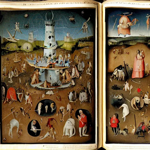 Image similar to book page of Where’s Waldo in the style of Hieronymus Bosch, Waldo is walking