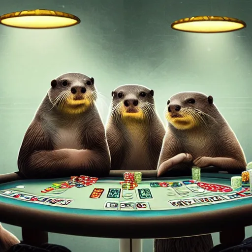 Image similar to otters playing poker, hyper detailed, dramatic lighting, cgsociety, realistic, hyper detailed, insane details, intricate, dramatic lighting, hypermaximalist, golden ratio, rule of thirds, octane render, weta digital, micro details, ultra wide angle, artstation trending, 8 k,