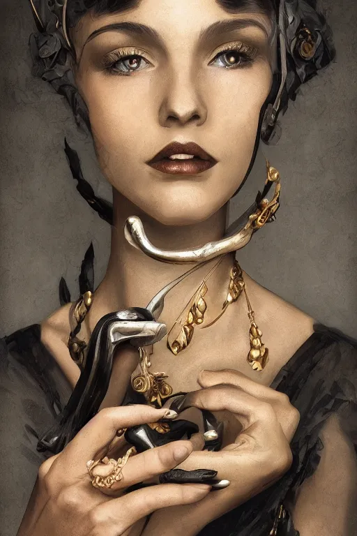 Image similar to An extremely beautiful Art Deco ornate portrait of a young attractive woman with a beautiful bone structure, professionally painted digital art illustration, smooth, sharp focus, atmospheric lighting, highly detailed illustration highlights, golden ratio, extremely detailed winning award masterpiece, 8K post-processing, trending on artstation flawless