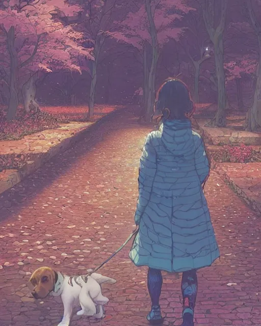 Image similar to a girl walking her small dog at the park, full shot, facing forward, ambient lighting, detailed, art by ayami kojima, makoto shinkai, kilian eng