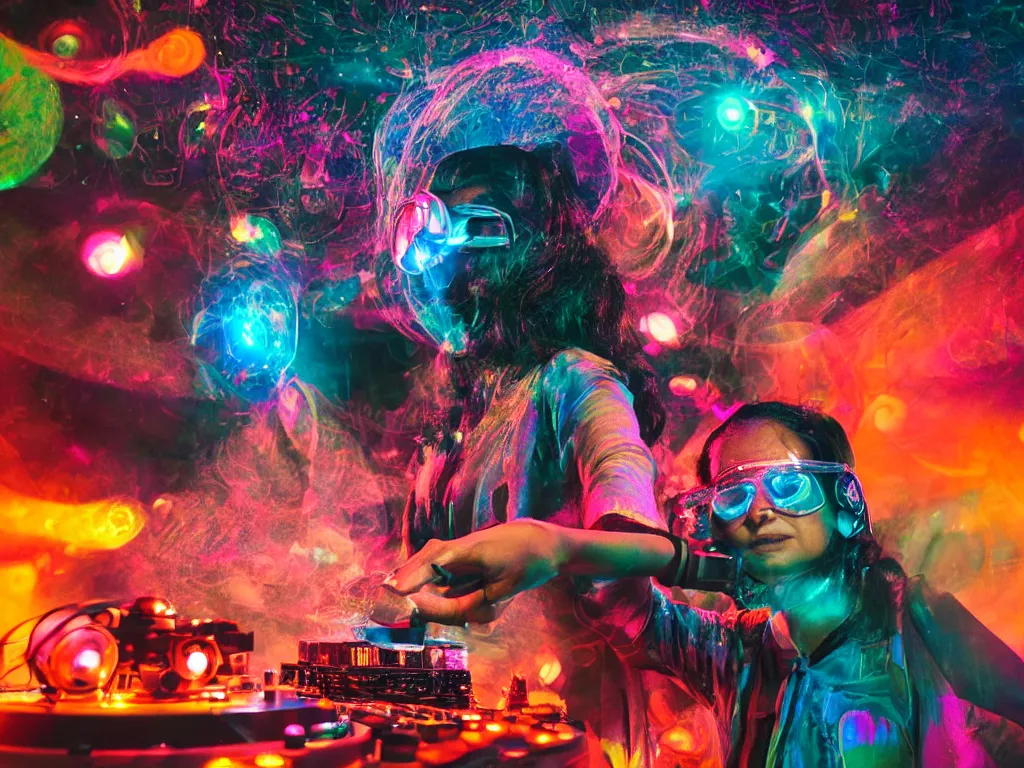 Image similar to an indian woman wearing goggles and visor and headphones using a retro record player contraption, hologram, turntablism dj scratching, screens, smoky atmosphere, intricate planetary gears, cinematic, imax, sharp focus, leds, bokeh, iridescent, black light, fog machine, hazy, lasers, hyper color digital art