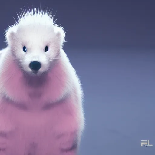 Image similar to white mink with nimbus of pink bacteria around the neck, unreal engine, starring at camera, matte background, high symmetry, 8k