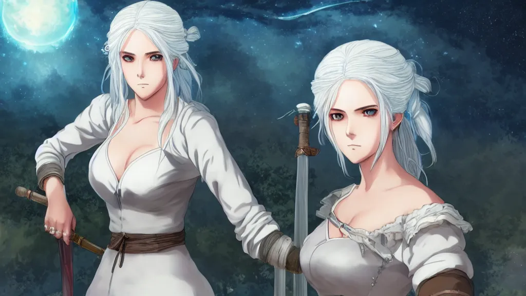 Prompt: anime portrait of ciri from the witcher dressed as a bride, in the background you can see the milky way. official art, key visual, studio lightning, very detailed bd cover, Studio Ghibli