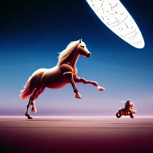 Image similar to hyperrealism aesthetic highly detailed photography of horse in dramatic scene, riding on a hyperrealism highly detailed astronaut. from western by hiroyuki okiura and katsuhiro otomo and alejandro hodorovski style with many details by mike winkelmann and vincent di fate in sci - fi style. volumetric natural light hyperrealism photo on dsmc 3 system,