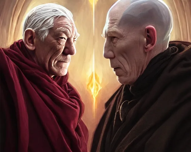 Image similar to ian mckellen as magneto and he is mind controlling lord voldemort to eat a wedding cake, deep focus, d & d, fantasy, intricate, elegant, highly detailed, digital painting, artstation, concept art, matte, sharp focus, illustration, hearthstone, art by artgerm and greg rutkowski and alphonse mucha