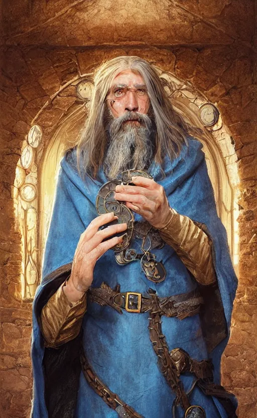 Image similar to portrait of a middle aged elf with a long beard, dressed in a blue cloak with clock iconography, brown hair, raised hand, detailed face, fantasy, highly detailed, cinematic lighting, digital art painting by greg rutkowski