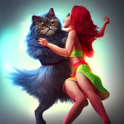 Image similar to A hyper real comic book style portait painting of two persian cats dancing salsa, unreal 5, hyperrealistic, octane render, cosplay, RPG portrait, dynamic lighting