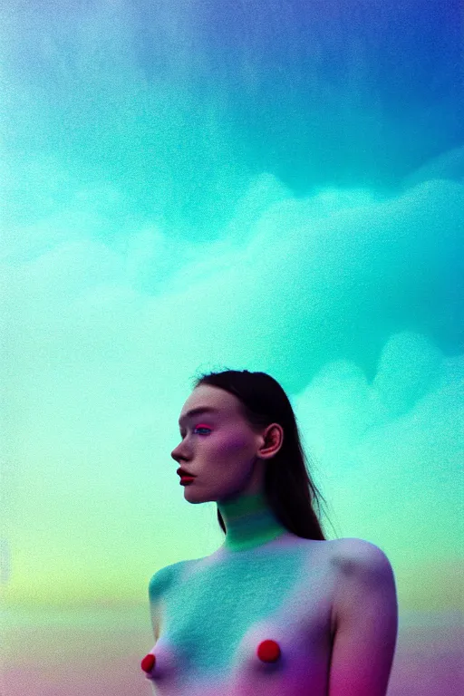 Image similar to high quality pastel coloured film close up wide angle photograph of a model wearing clothing swimming on cloud furniture in a icelandic black rock!! environment in a partially haze filled dreamstate world. three point light, rainbow. photographic production. art directed. pastel colours. volumetric clouds. pastel gradient overlay. waves glitch artefacts. extreme facial clarity. 8 k. filmic.