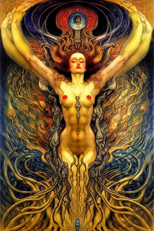 Image similar to Divine Chaos Engine by Karol Bak, Jean Delville, William Blake, Gustav Klimt, and Vincent Van Gogh, symbolist, visionary