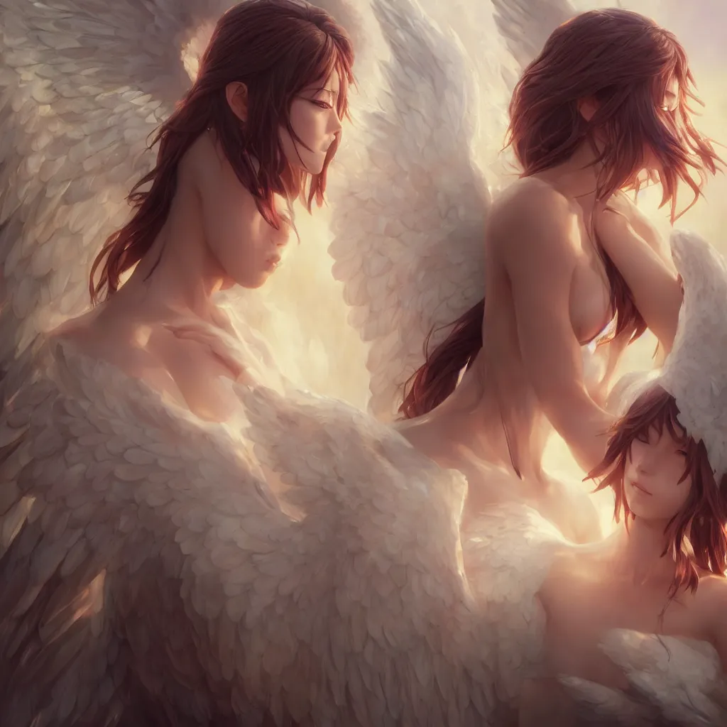 Image similar to an oil painting of a beautiful anime girl with angel wings, by artgerm, wlop and greg rutkowski, hd, hdr, ue 5, ue 6, unreal engine 5, cinematic 4 k wallpaper, 8 k, ultra detailed, high resolution, artstation, award winning