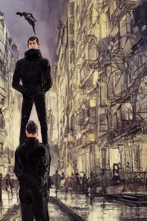 Prompt: in the foreground a Parisian street, in the background a dark-haired man from behind wearing a long matrix style jacket and starting to fly away, realistic, high definition, great detail, dramatic scene, detailed and realistic hands, symmetrical face, realistic eyes, art of dave gibbons