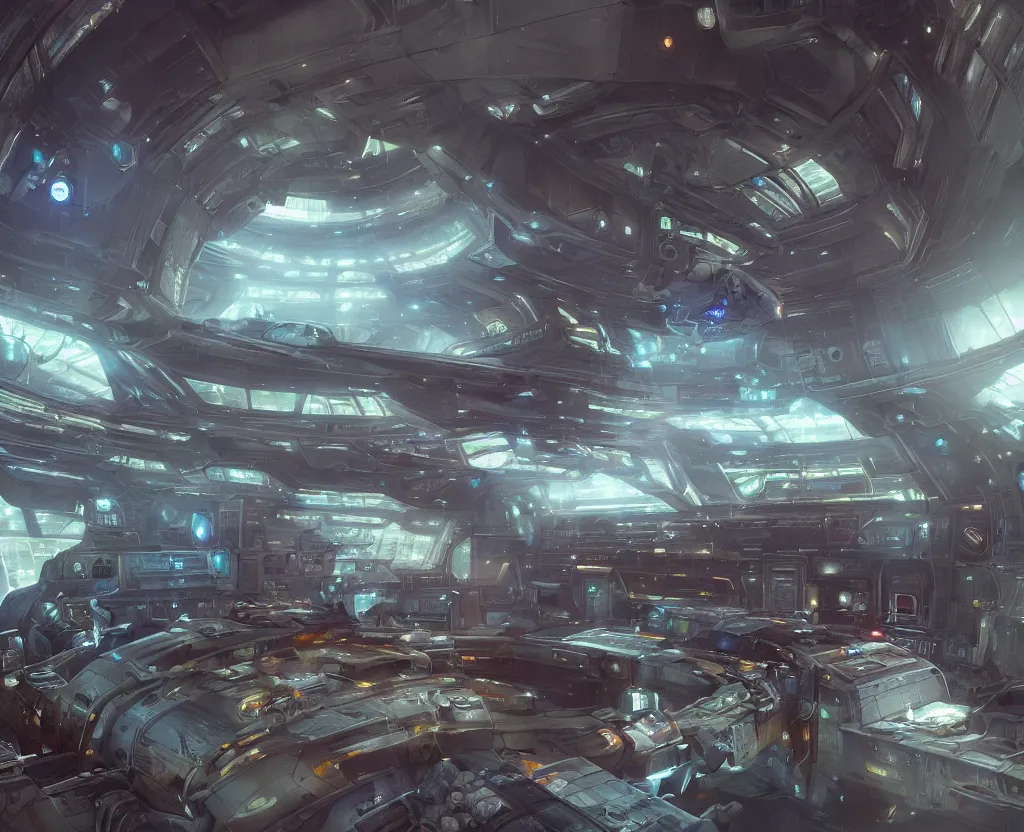 Image similar to the inside of a futuristic space dock, highly detailed interior, holographic screen in center frame by peter mohrbacher and craig mullins, dieselpunk, firefly, unreal engine 5, extreme detail, hyper realism, realistic shading, cinematic composition, realistic render, octane render, detailed textures, photorealistic