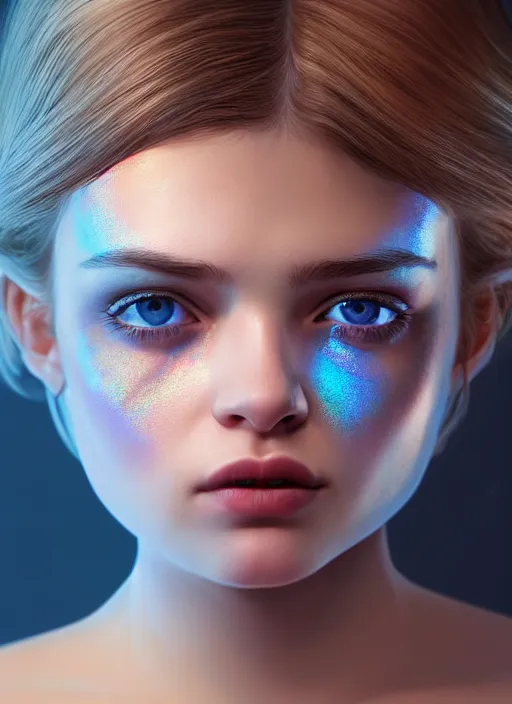 Image similar to portrait of a gorgeous girl, perfect blue eyes, detailed iridescent floral pattern skin, ultra realistic, cinematic lighting, depth of field, artstation, Gottfried Helnwein