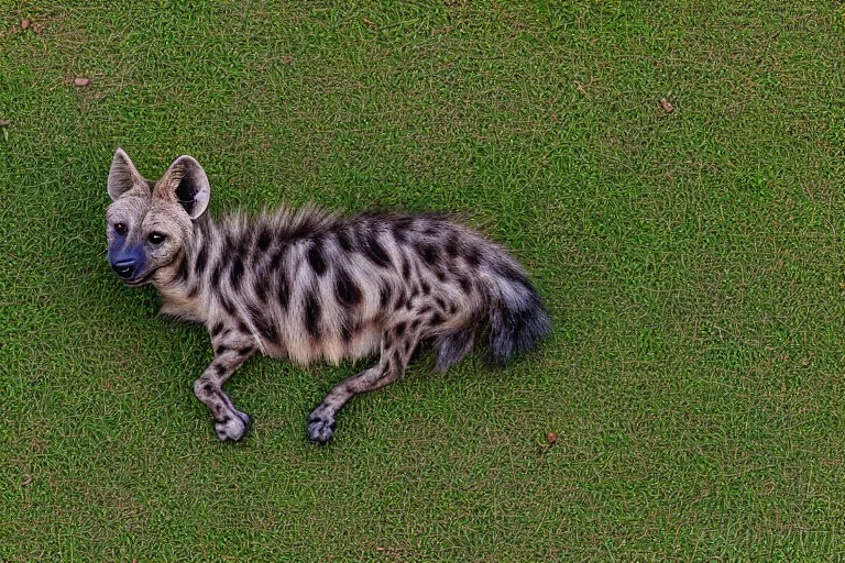 Prompt: striped hyena laying in between the green in savannah, sunset, zoomed out, birds - eye - view