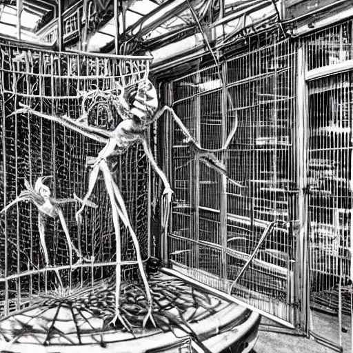 Image similar to scientists studying mantis locked in a cage in a warehouse, 1 9 8 0's scifi, 8 k, highly ornate intricate details, extreme detail, punk xerox, lofi