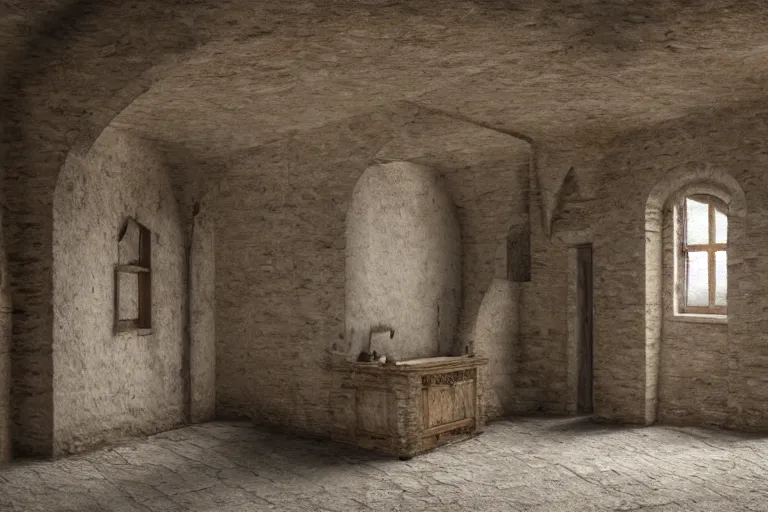 Image similar to an abandoned medieval room in an old stone building, dusty, cobwebs, wooden furniture, a small window with dark gloom coming through, high definition, matte painting, dust particles