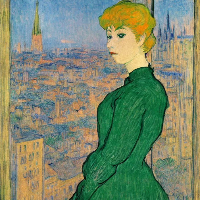 Image similar to woman in green dress with city with cathedral seen from a window frame at sunset. fuzzy white cat. monet, henri de toulouse - lautrec, utamaro, matisse, felix vallotton