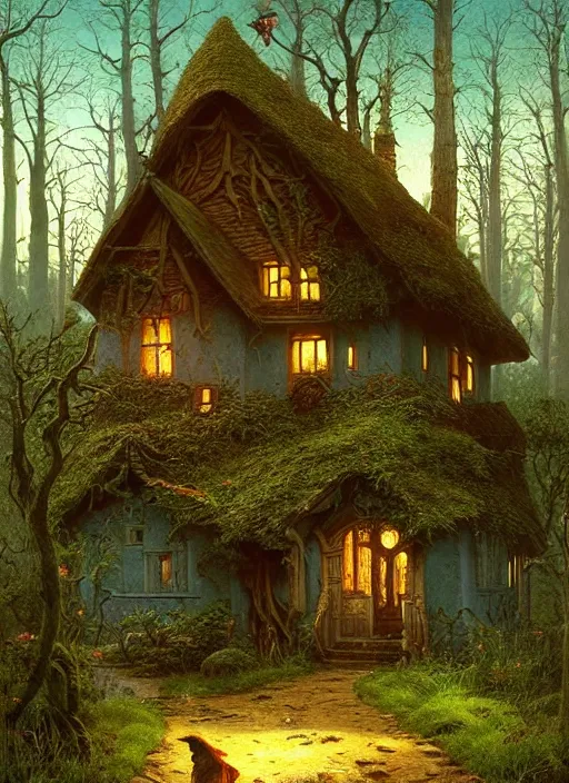 Image similar to hyper realistic homely ornate modern witch cottage distant down a path in the woods gorgeous lighting, blue sky, highly detailed, lush forest by zdzisław beksinski and norman rockwell and greg rutkowskiweta studio, and lucasfilm