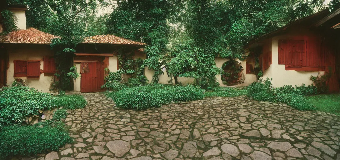 Image similar to house in carpathian vernacular style. outdoor landscaping designed by roberto burle marx. fujinon premista 1 9 - 4 5 mm t 2. 9. portra 8 0 0.