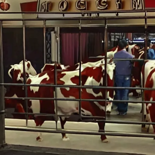 Image similar to movie still of cows trying to break into The Steakhouse at Circus Circus Casino, people rioting throughout, photorealistic, highly detailed