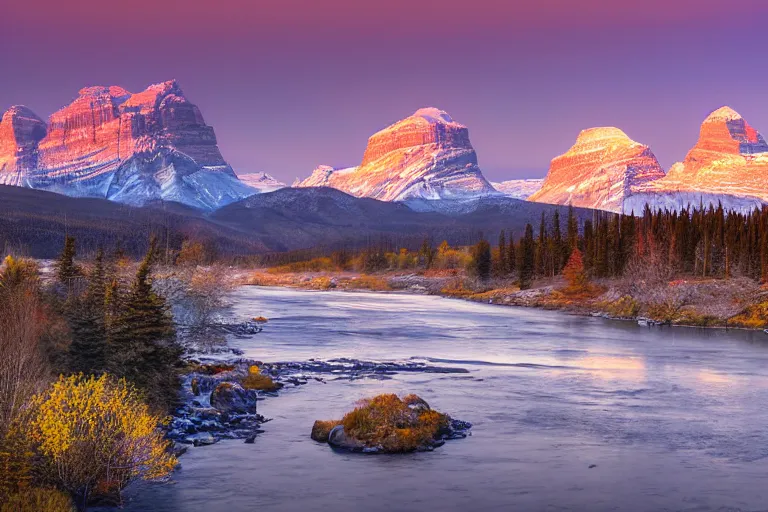 Prompt: an epic landscape painting of the three sisters mountains in canada, with snow on its peak, at sunrise in springtime, with bow river in the foreground, painted by x, atmospheric, volumetric lighting, rolling fog, breathtaking, highly detailed