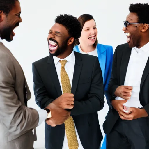 Image similar to stock photo of ten black people laughing wearing suits and ties in an office building, 8k resolution, full HD, cinematic lighting, award winning, anatomically correct