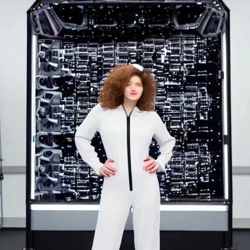 Image similar to beautiful russian woman wearing a chrome jumpsuit standing in front of a futuristic supercomputer, 4 k, studio lighting