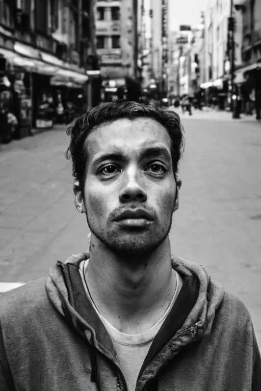 Image similar to man standing in the middle of a crowded street with a concerned expression, detailed face, medium shot, 4k high res, 120 black and white film