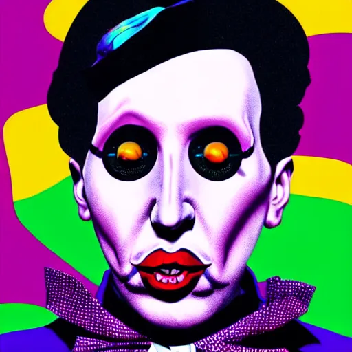 Prompt: graphic illustration, creative design, willy wonka with marilyn manson, biopunk, francis bacon, highly detailed, hunter s thompson, concept art